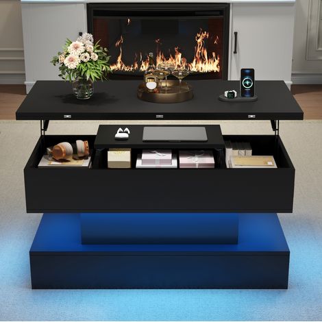 Table basse multifonction noire 100 x 50 x 51,5 cm avec rangement, LED RGB et prises USB intégrées (1/5)