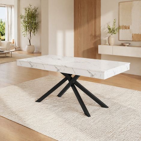 Ausziehbarer Tisch 140/180 x 80 cm für 6 bis 8 Personen, dicke Platte, weiße Metallbeine OKMYHOME (1/5)
