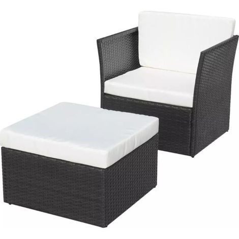 Salon de jardin 2 pièces résine tressée noir coussins blanc Mik (1/5)