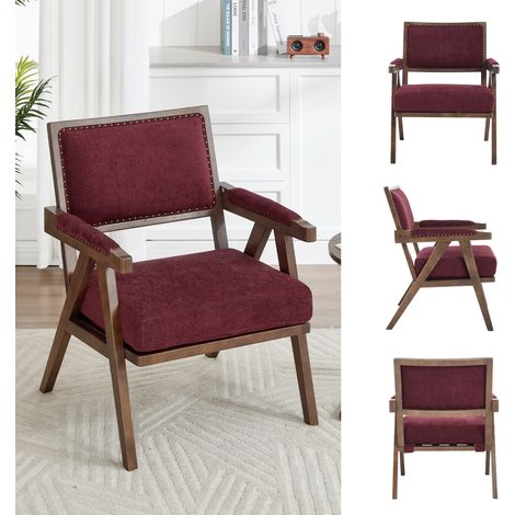 Fauteuil lounge en tissu style mid-century moderne, fauteuil 1 place avec accoudoirs, structure en bois et assise rembourrée, idéal salon, chambre, bureau,Rouge