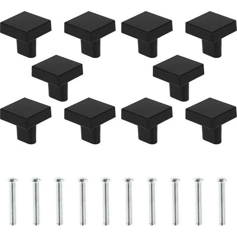 Set mit 10 quadratischen Türknöpfen, Möbelgriffe aus Zinklegierung mit Schrauben für Schränke, Schubladen und Kommoden, Schwarz