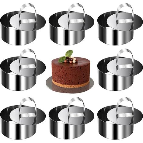 Ensemble de 8 cercles à pâtisserie ronds en acier inoxydable, avec poussoir, pour la cuisine familiale. (1/5)