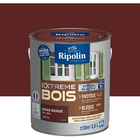 Ripolin – Peinture satinée pour bois intérieur et extérieur 2,5L – Rouge basque RAL 3004 – Haute protection 10 ans contre intempéries et UV (1/5)