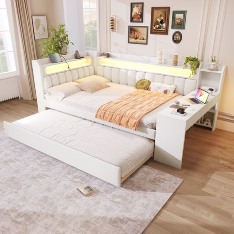 Cama de día tapizada 140x200 cm moderna blanca con cabecero, LED, USB, cama nido 90x190 y escritorio