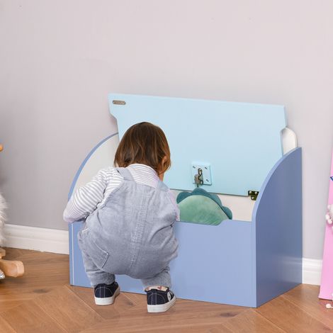 Coffre à Jouets Banc 2-en-1 en Bois pour Enfants 3-6 Ans, Banquette Rangement avec Dossier, 60x30x50 cm, Bleu (1/5)