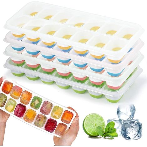 Moule à Glaçons Carrés Silicone, Lot de 4 Bacs avec Couvercle, Sans BPA, Facile à Démouler, Vert, Bleu, Rose, Jaune (1/5)