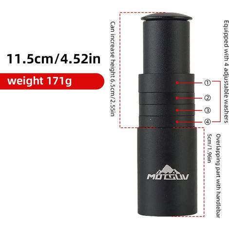 115 mm (4 bagues de réglage) Rehausse de potence en alliage d'aluminium pour vélo, fourche avant, rallonge de potence, accessoire universel pour vélo (1/5)