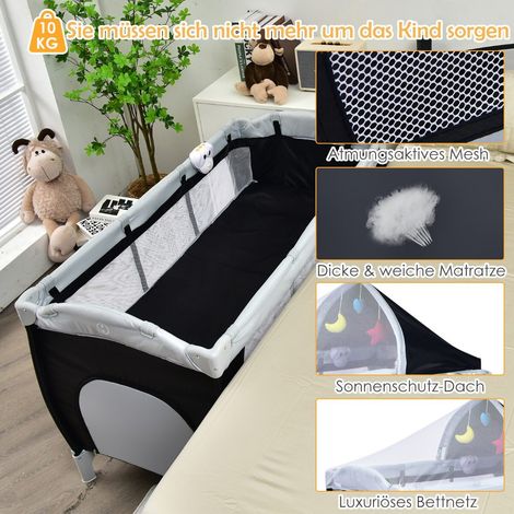 Lit parapluie bébé noir pliable avec double hauteur, moustiquaire, tapis à langer et sac de rangement pour voyages et nuitées (1/5)
