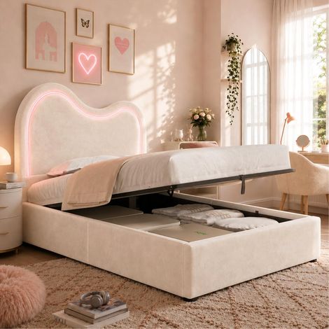 Letto per bambini imbottito 90 x 200 cm con contenitore idraulico, rete e testiera in velluto beige (1/5)