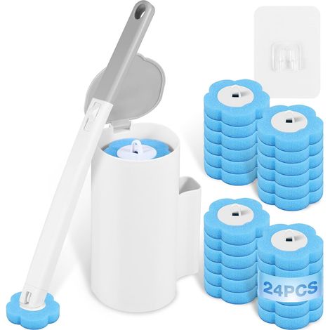 Set de brosses de toilettes jetables avec 24 recharges nettoyantes - Brosse WC jetable pour salle de bain, lavabo, baignoire et sol (1/5)