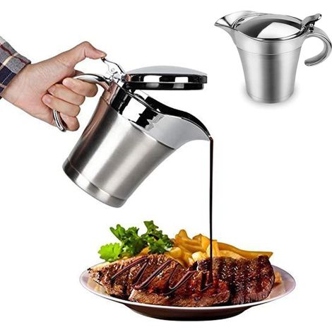 Pichet à sauce isotherme en acier inoxydable avec couvercle à charnière, double paroi, convient pour les dîners, les restaurants, les fêtes, Noël, argenté (450 ml). (1/5)