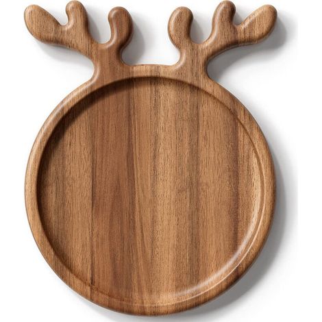 Assiette de Noël en bois d'acacia avec poignée en bois de cerf, plat rond en bois de 20 x 25 cm, planche décorative, idéale pour le fromage, le pain, les décorations de Noël, les pendaisons de crémail (1/5)