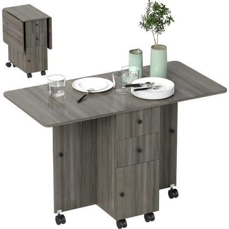 Table rabattable en bois sur roulettes avec 2 tiroirs et armoire, dimensions 120x60x76,5 cm, couleur grise élégante (1/5)