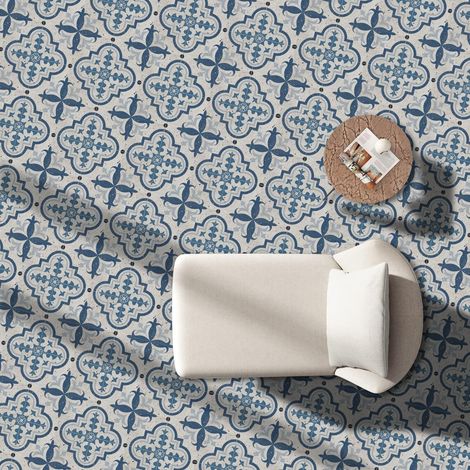 Dalles de sol autocollantes en vinyle PVC imperméable, antidérapant, avec crédence - Autocollant à décoller et coller - 30 x 30 cm - Bleu ciment portugais (1/5)