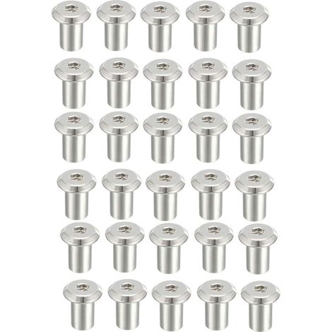 Lot de 30 écrous à manchon tête plate et six pans creux M6x12mm, rivet vis hexagonale, nickelés (1/5)