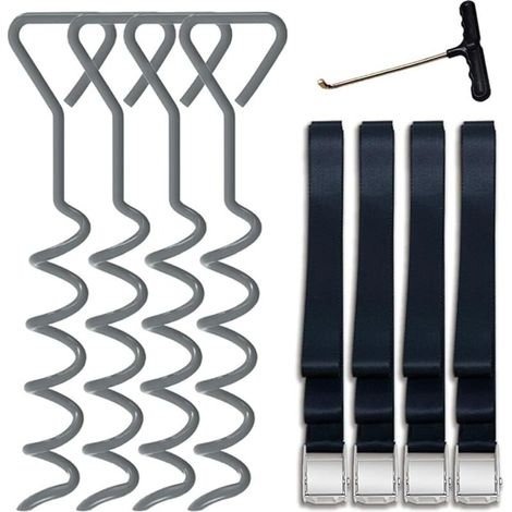 Lot de 4 piquets de trampoline robustes en forme de tire-bouchon en acier avec crochet en T pour trampolines - Lot de 4 bonus 4 ceintures solides (1/4)