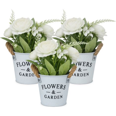 Relaxdays Fiori Finti, 3 Mazzi in Vaso Artificiali, Pianta Decorativa in Plastica, Centrotavola, HxD: 21x18 cm, Bianco