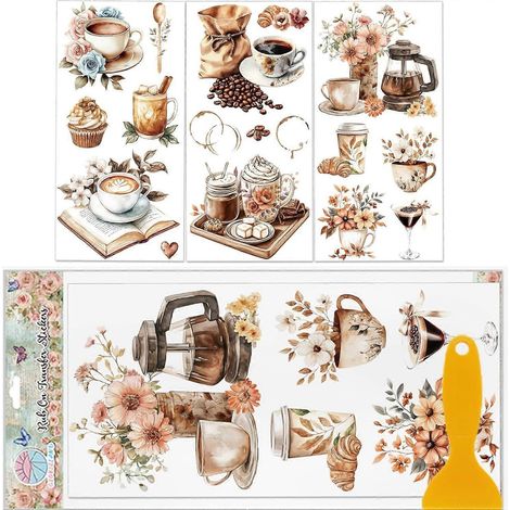 feuilles de transferts colorés à appliquer sur le thème du café bohème (15 x 30 cm), avec motifs de tasses à café, de grains de café, de fleurs et de livres. Idéal pour décorer meubles, chambres et li (1/5)