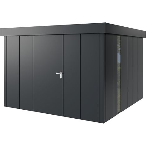 Hörmann Metall-Gerätehaus "Juno" mit Flachdach, JFD14 - Design, 310 x 310 cm (B x T), anthrazit, mit bodentiefem Fenster, 1-flüglige Tür, Anschlag links (1/5)
