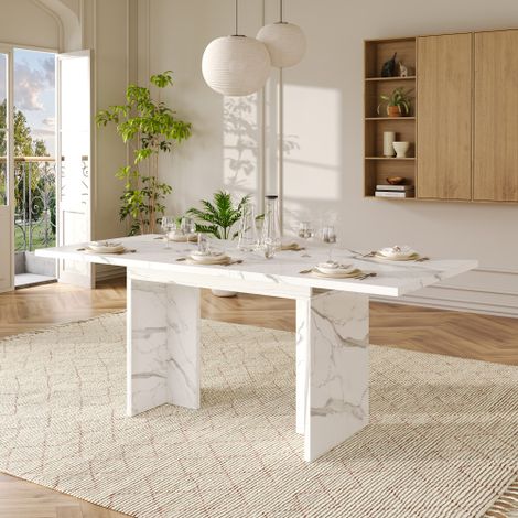 Ausziehbarer Esstisch, 140/18080 cm, geeignet für 6-8 Personen, rechteckige Form, verdickte Tischplatte, einfachen Stil,Tisch für Esszimmer, Küche, Wohnzimmer, Weißer Marmor
