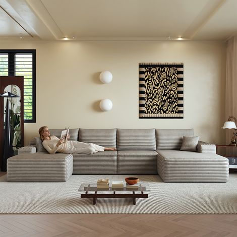 Canapé d'angle modulaire sans os 340 cm, avec méridienne en forme de L, canapé modulaire moderne, assise profonde, sans montage requis, canapé compressé pour salon, chambre, appartement, camel (1/5)