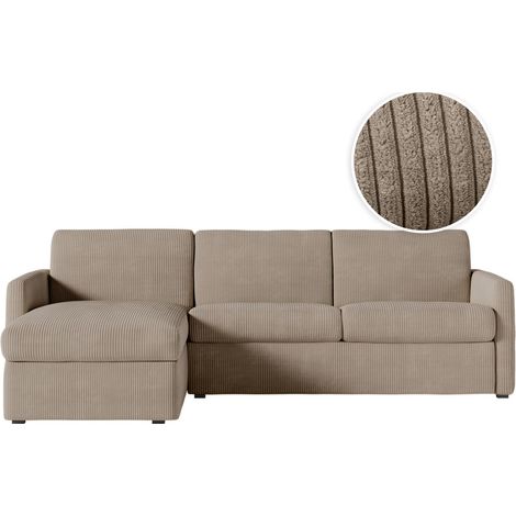 Canapé d'angle convertible express 4 places AGATHE 140x190cm en velours côtelé taupe - Matelas 13cm (1/5)