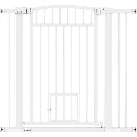 Cancello di sicurezza per cani con porticina integrata 76-104 x 5 x 95 cm doppia chiusura design pulito e solido in acciaio bianco 210007469