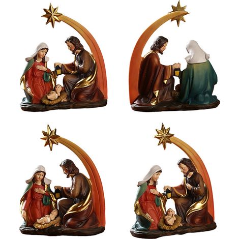 Figurines de la Sainte Famille en Résine pour Noël, Décoration de Scène de Nativité (15X12.3X6.6CM, 1 Piece, Modèle Traditionnel) (1/5)