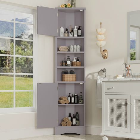 Meuble de salle de bain d’angle moderne en MDF gris 37 x 24,5 x 170 cm avec 2 portes, 3 niches ouvertes et étagères réglables (1/5)