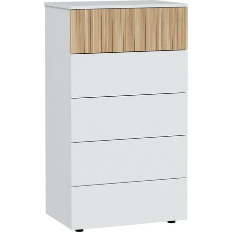 Dmora - Cassettiera Wynne, Settimanale a 5 cassetti, Mobile Comò per camera da letto, Comò moderno, 61x40h109 cm, Bianco e Rovere, con imballo rinforzato
