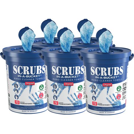 Pack de 5 cubos de 72 toallitas limpiadoras de manos Scrubs – toallitas antibacterianas profesionales – limpieza eficaz de grasa, pintura y aceite – textura no abrasiva