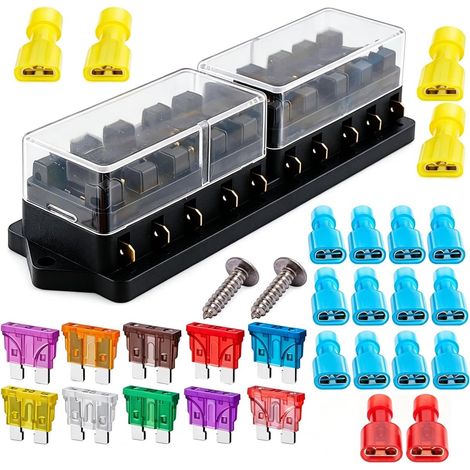 32V 40A 10 Way Standard Fuse Box, 6.3 mm Car Fuse Box Holder, Waterproof Blade Fuse Holder, Block with 10pcs Fuse, for Auto Car Boat Marine Trike (1/5)