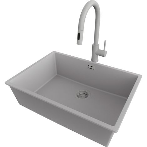 PRIMAGRAN Evier Sous Plan 66x47cm,Evier en Granit 1 bac + Robinet 40x20cm + Kit de Vidage, Évier au meuble 70cm - London, Gris (1/5)