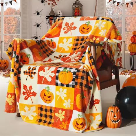 Manta otoñal, manta a cuadros con estampado de hojas de calabaza para mujeres y hombres, manta suave para sofá, sala de estar, cama. (1/5)