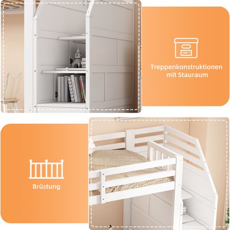 Lit surélevé 90x200cm, structure avec lattes (sans matelas), rambarde de protection, marches rétractables, zone libre pour aménagement sur-mesure, certifié EN747, Blanc (1/4)