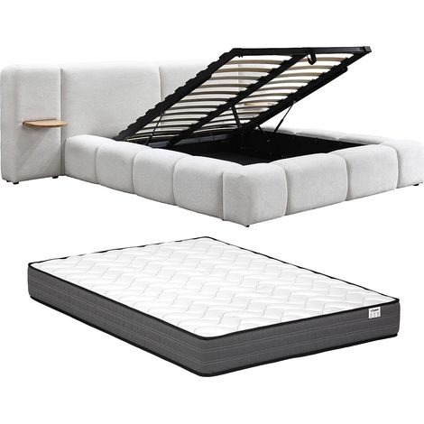 Letto contenitore con comodini 160 x 200cm Tessuto bouclette Beige + Materasso – VILACO