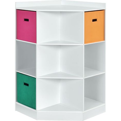 Armadio ad angolo con tre cestini colorati, Organizzatore in legno 81x61x94cm Bianco (1/4)