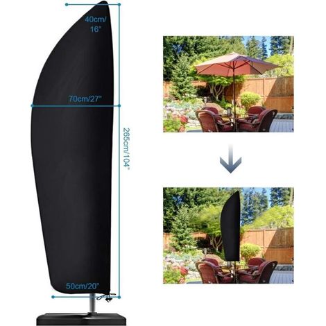 Housse de parasol déporté extra large, imperméable, coupe-vent et résistante aux déchirures, en tissu Oxford 210D, avec fermeture éclair (265 x 40/70/50 cm) - Noir