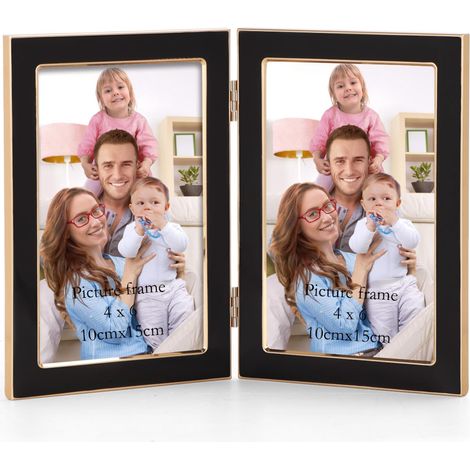 Cadre photo double noir de 10,2 x 15,2 cm avec affichage en verre transparent, cadre pliable à charnière en métal pour table et affichage mural (1/5)