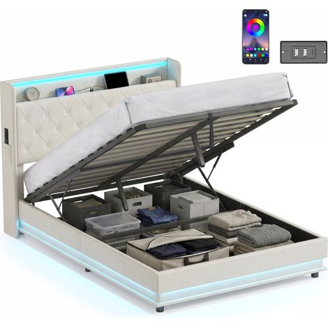 HOMCOM Lift up Storage Bed Frame with RGB LED Lights, 135 x 190cm, Cream (1/5)