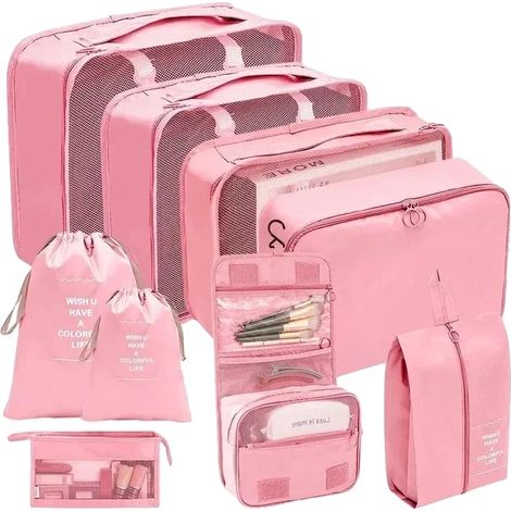 Cubi portaoggetti, set organizer da viaggio, soluzione salvaspazio, 10 pezzi rosa (1/2)
