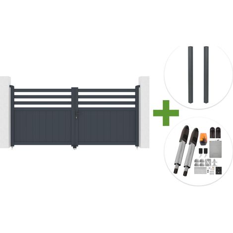 Portail battant 3m NEVIS H.140cm aluminium gris + 2 poteaux ELDA aluminium gris 15x15cm + motorisation Tanker B700 (1/5)