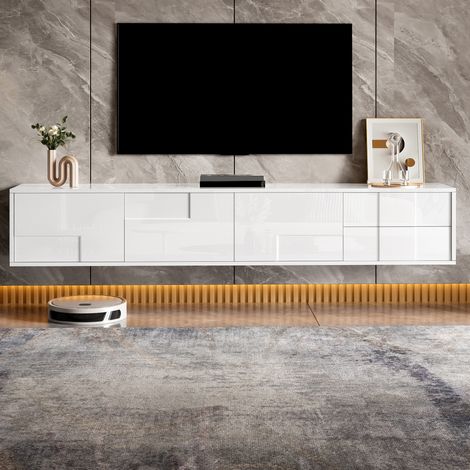 Mueble TV blanco 170 cm, suspendido o de pie, 3 puertas y 2 cajones, acabado brillante, HAVRYA (1/5)