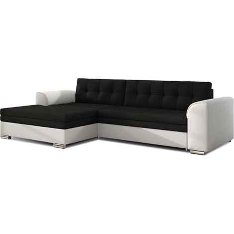 Canapé d'angle convertible tissu et simili cuir KAPONA - Pieds acier chromé angle gauche-Blanc/Noir-angle gauche (1/5)