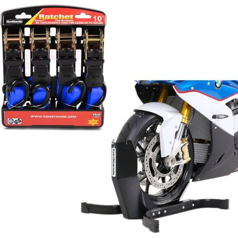 Blocco Ruota Easy Plus Cavalletto Anteriore per ruote max. 21" nero Constands + Set Cinghia Moto con cricchetto