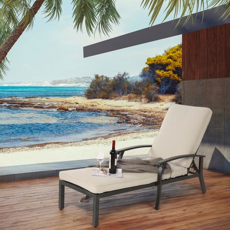 Chaise longue, Fauteuil de jardin, avec 5 dossiers réglables, coussin d'assise en coton, structure ajourée à tissage croisé, idéal pour les terrasses et les balcons - Beige (1/5)