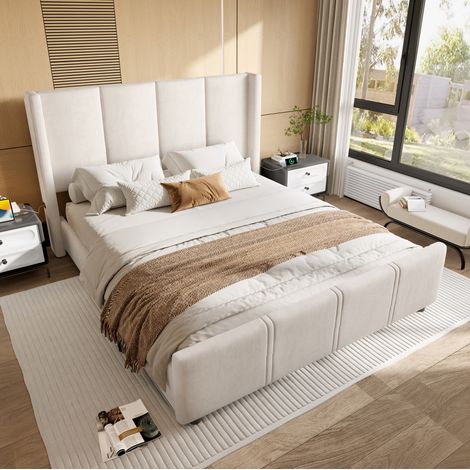 MEUBLIV Cama 140x200 cm beige – cabecero y pie altos, USB/Type, sin colchón (1/5)