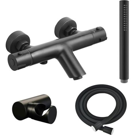 Adema Sparkle 2.0 mitigeur baignoire/douche thermostatique avec support de douchette, flexible de douche et douchette à main mat noir (1/5)