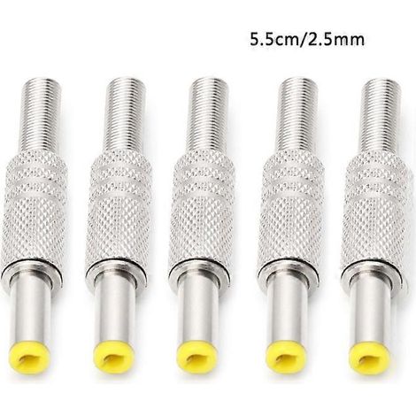 Adaptateur de connecteur mâle métallique pour prise d'alimentation CC 5,5 x 2,5 mm avec fiche jaune. (1/5)