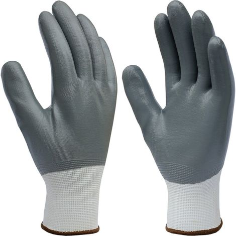 Gants en polyester avec revêtement intégral en nitrile (taille 9) en blanc et gris